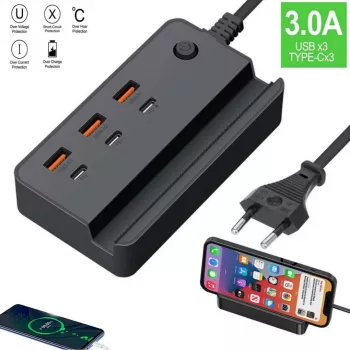 Multiprise – Puce Intelligente à 3 Ports De Câble USB et 3 Porte Type C – Charge Rapide - Noir