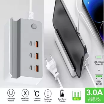 Multiprise – Puce Intelligente à 3 Ports De Câble USB et 3 Porte Type C – Charge Rapide - Gris