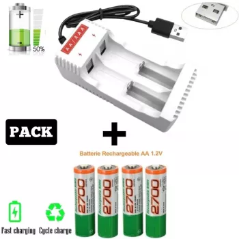 Lot De 4 Piles Rechargeables NI-MH GP 2700 MAH + Chargeur de Piles AAA/AA à 2 Fontes – USB