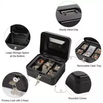 Métal Cach Box – Caisse à Monnaie – Coffre Fort + 2 Clés – 200*160*90 mm – Noir