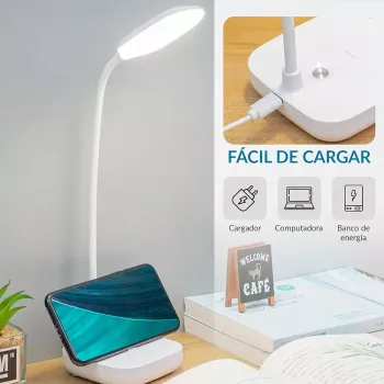 Lampe De Bureau Flexible – Support Téléphone – 3 Modes D’éclairage – Bouton Tactile – Blanc
